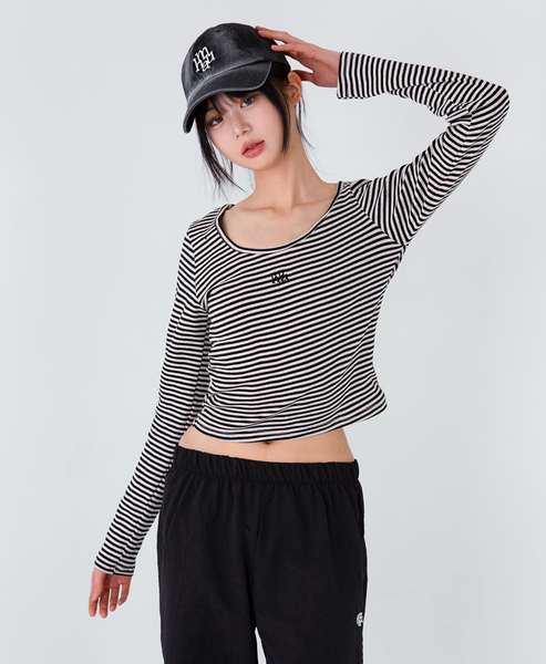 [muahmuah] Stripe U-neck Long-Sleeved T-shirt (Black)