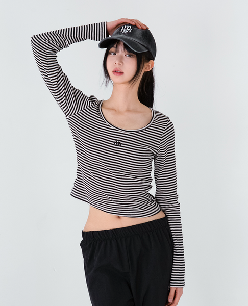 [muahmuah] Stripe U-neck Long-Sleeved T-shirt (Black)