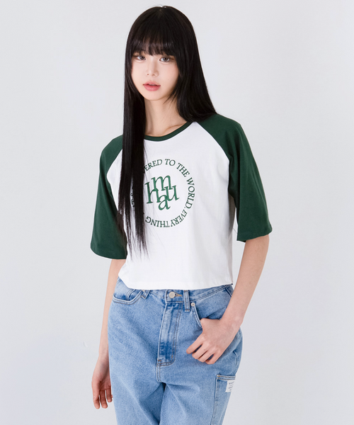 [muahmuah] Stitch Logo Raglan Short-sleeved Shirt (Deep Green)