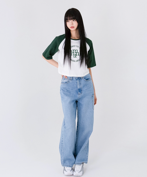 [muahmuah] Stitch Logo Raglan Short-sleeved Shirt (Deep Green)