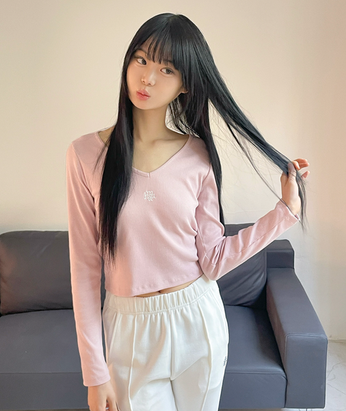 [muahmuah] Stitch V-neck Long-Sleeved T-shirt (Baby Pink)