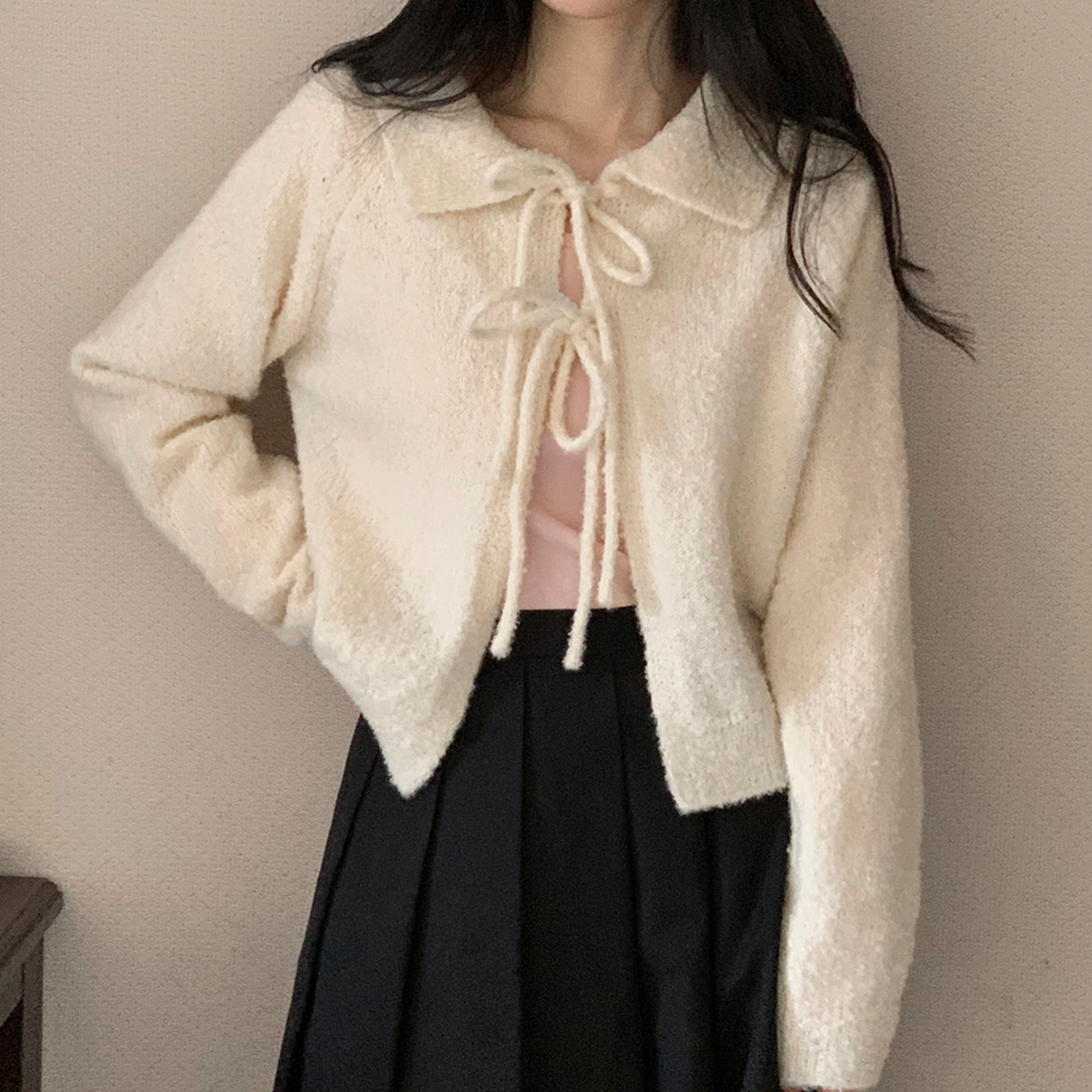 [98°C] Collar Ribbon Cardigan