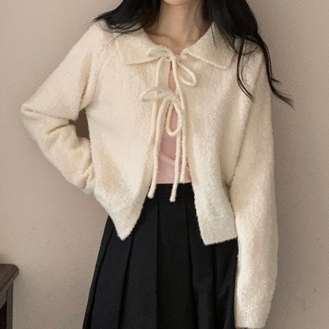 [98°C] Collar Ribbon Cardigan