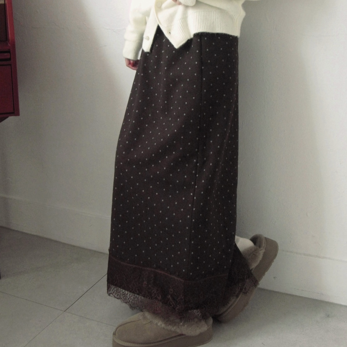 [Unbutty] Momo Dot Lace Long Skirt