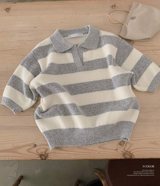 [SHOPPERLAND] Spring Stripe Fluffy Short-sleeved Collar Knitwear