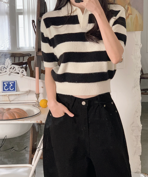 [SHOPPERLAND] Spring Stripe Fluffy Short-sleeved Collar Knitwear