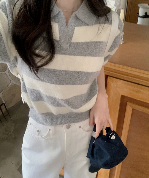 [SHOPPERLAND] Spring Stripe Fluffy Short-sleeved Collar Knitwear