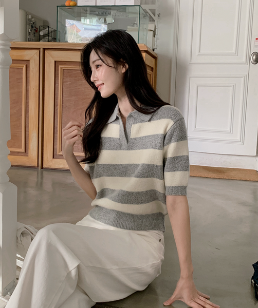 [SHOPPERLAND] Spring Stripe Fluffy Short-sleeved Collar Knitwear