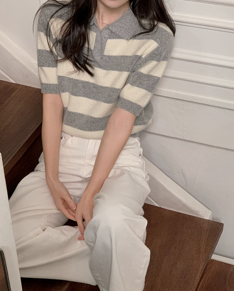 [SHOPPERLAND] Spring Stripe Fluffy Short-sleeved Collar Knitwear