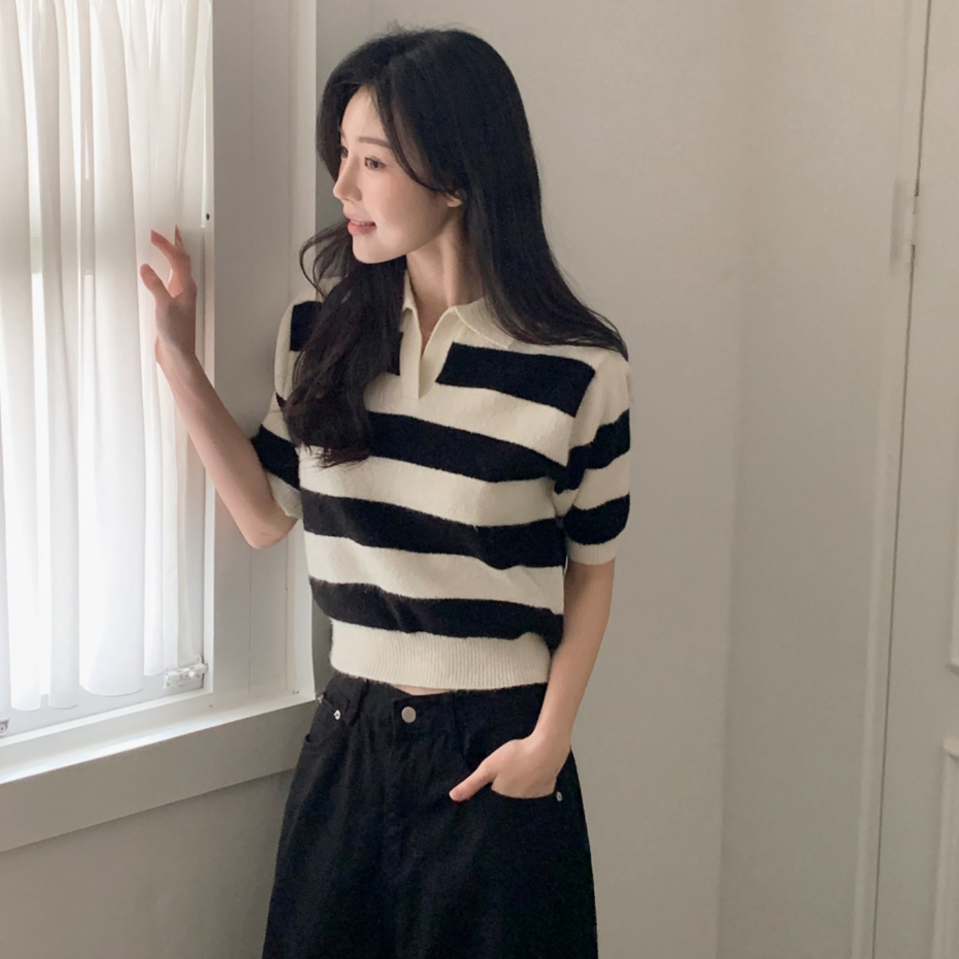 [SHOPPERLAND] Spring Stripe Fluffy Short-sleeved Collar Knitwear