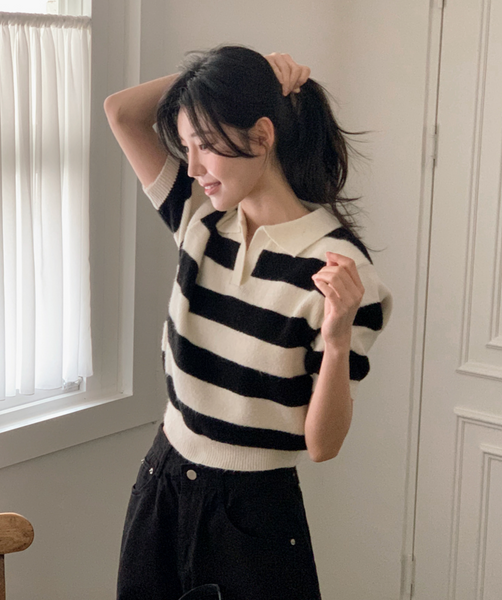 [SHOPPERLAND] Spring Stripe Fluffy Short-sleeved Collar Knitwear