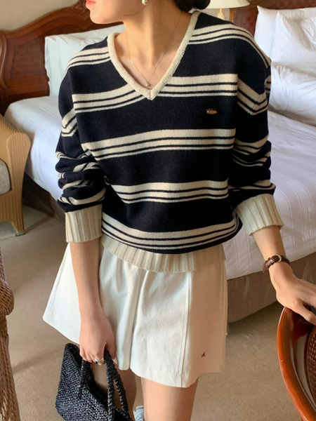 (現貨) - ♡ o'pparel ♡ Yuri Stripe Knit  (Navy)