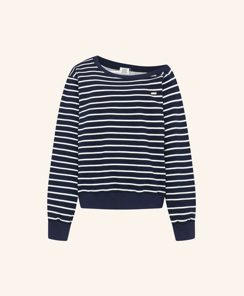 [Letter from Moon] Edin Off-Shoulder Striped Sweatshirt (Navy)