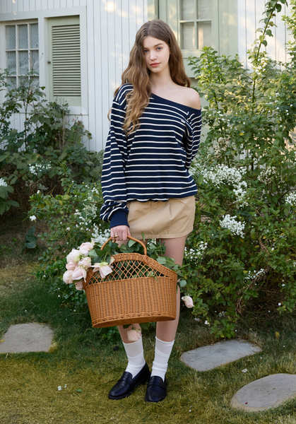 [Letter from Moon] Edin Off-Shoulder Striped Sweatshirt (Navy)