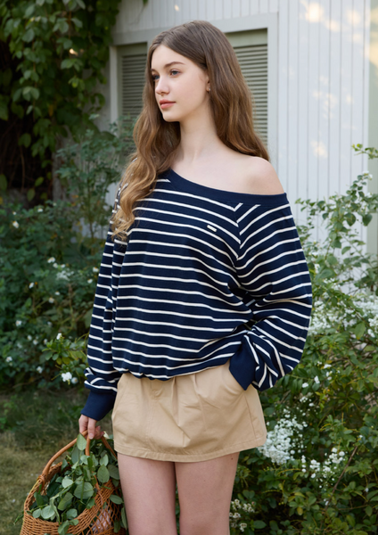 [Letter from Moon] Edin Off-Shoulder Striped Sweatshirt (Navy)