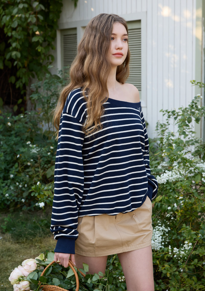 [Letter from Moon] Edin Off-Shoulder Striped Sweatshirt (Navy)