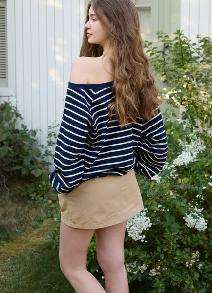 [Letter from Moon] Edin Off-Shoulder Striped Sweatshirt (Navy)