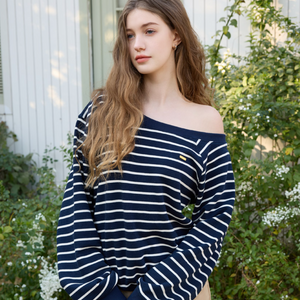 [Letter from Moon] Edin Off-Shoulder Striped Sweatshirt (Navy)