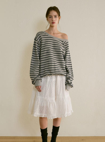 [Letter from Moon] Edin Off-Shoulder Stripe Sweatshirt (Melange Gray)