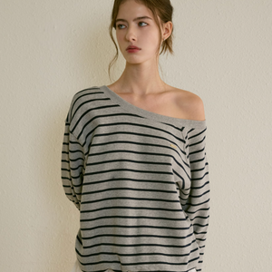 [Letter from Moon] Edin Off-Shoulder Stripe Sweatshirt (Melange Gray)