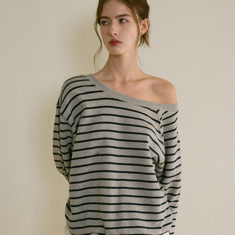 [Letter from Moon] Edin Off-Shoulder Stripe Sweatshirt (Melange Gray)