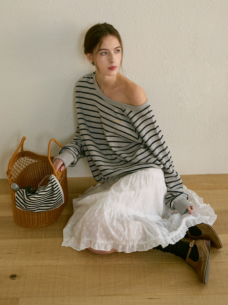 [Letter from Moon] Edin Off-Shoulder Stripe Sweatshirt (Melange Gray)