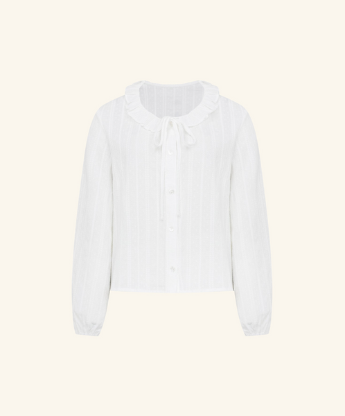 [Letter from Moon] Claire Ribbon Ruffle Balloon Blouse (White)