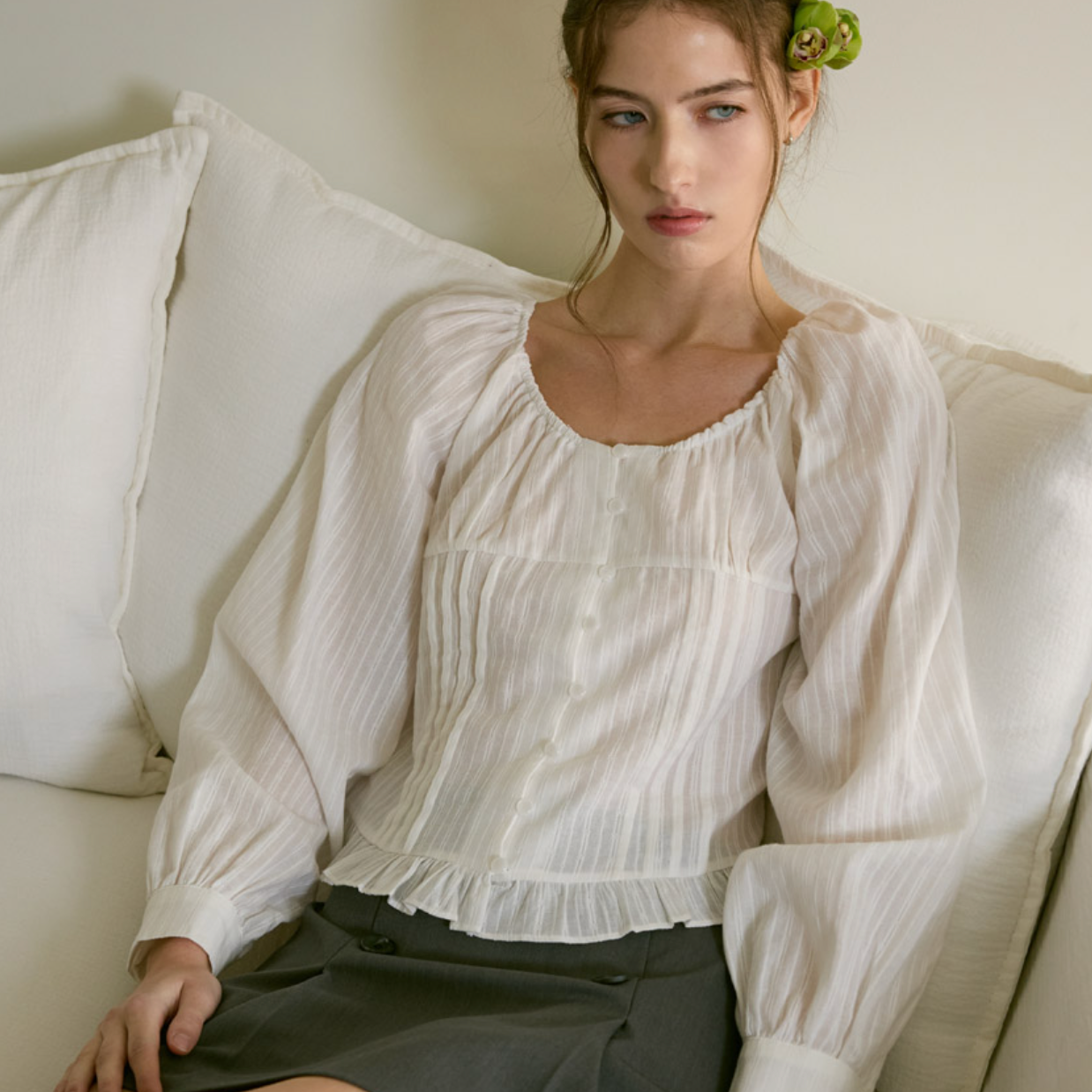 [Letter from Moon] Sage Eyelet Frill Blouse (White)