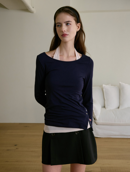 [Letter from Moon] Lib Halter Neck Layered T-shirt (Navy)