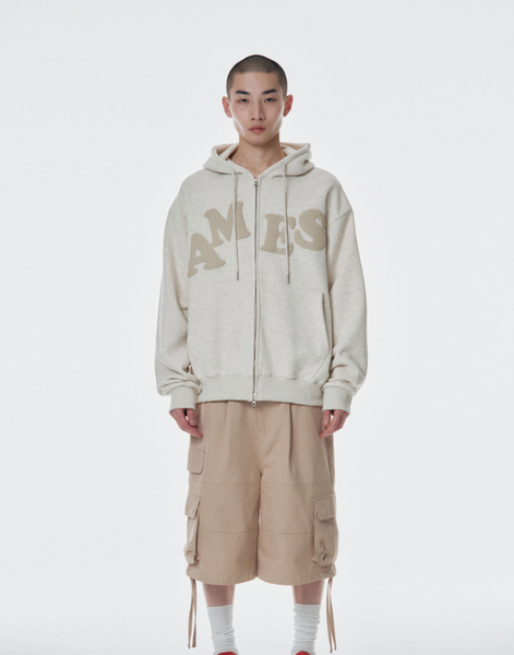 [Ames] BIG TYPO HOODIE ZIP UP OATMEAL