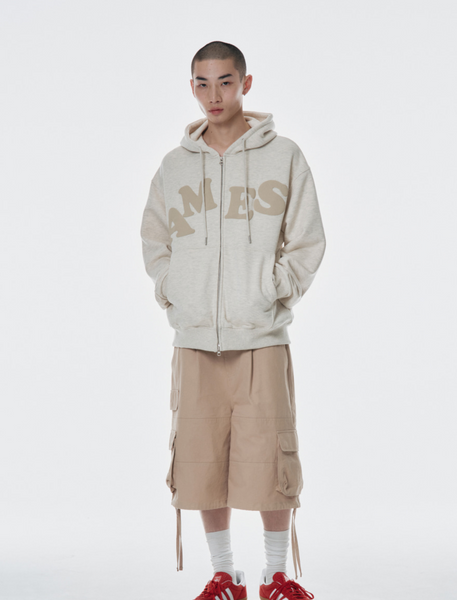 [Ames] BIG TYPO HOODIE ZIP UP OATMEAL