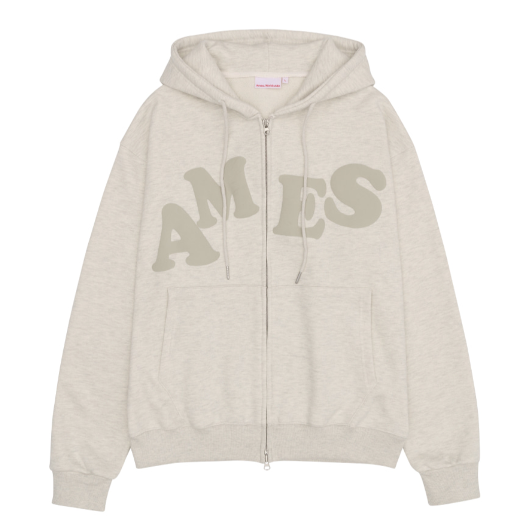 [Ames] BIG TYPO HOODIE ZIP UP OATMEAL