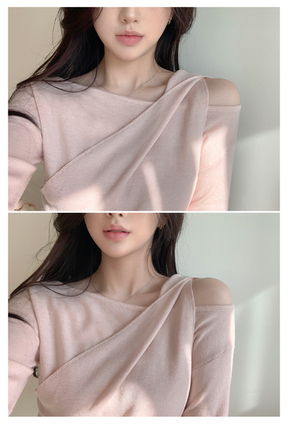 [perbit] Haze Unbalanced Slit Shirring Off Shoulder Knitwear Tee