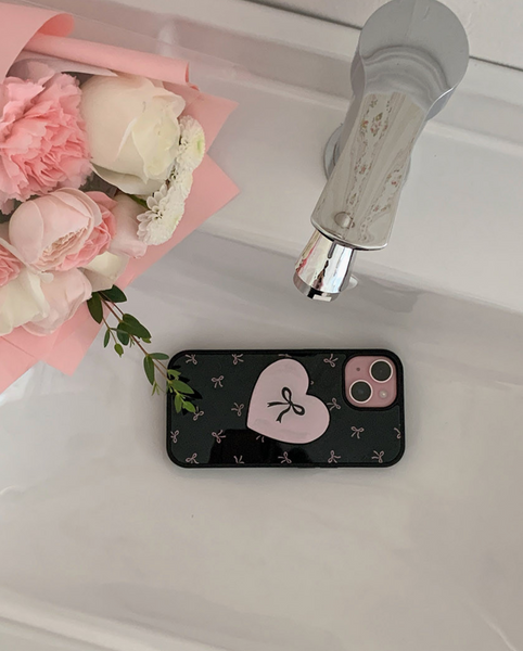 [Romantic Mood] Black Pink Ribbon Glass Bumper Phone Case