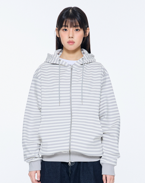 [THE COLDEST MOMENT] TCM Stripe Hooded Zip-up (Grey/ White Ivory)