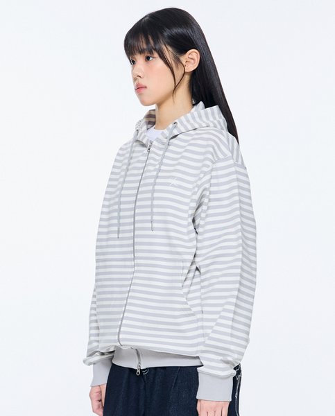 [THE COLDEST MOMENT] TCM Stripe Hooded Zip-up (Grey/ White Ivory)