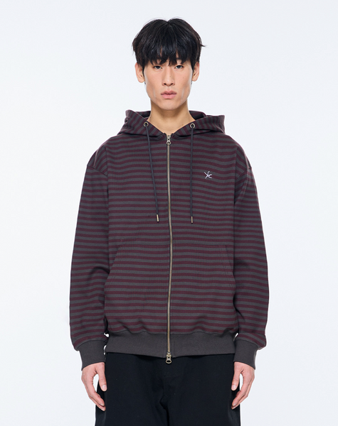 [THE COLDEST MOMENT] TCM Stripe Hooded Zip-up (Charcoal/ Burgundy)