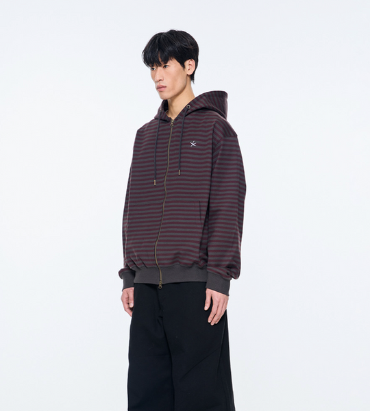 [THE COLDEST MOMENT] TCM Stripe Hooded Zip-up (Charcoal/ Burgundy)