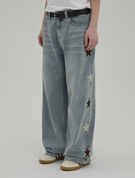 [Wai Kei] Star Denim Pants Yellow Washed Light Blue