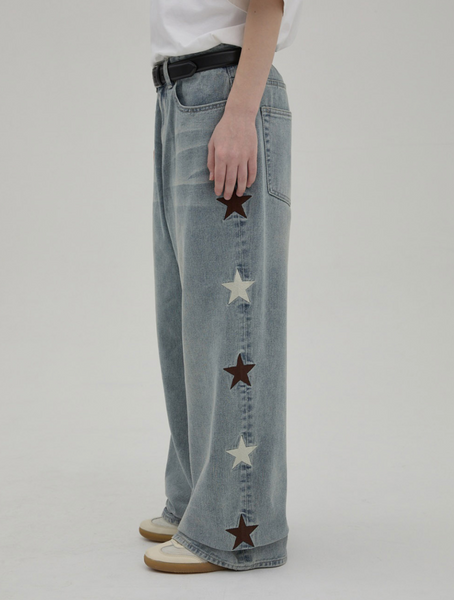 [Wai Kei] Star Denim Pants Yellow Washed Light Blue