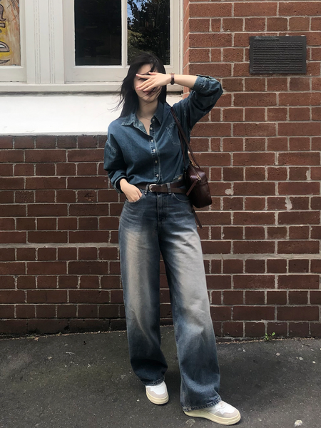 [SLOWAND] Vintage Washed Cropped Denim Shirt