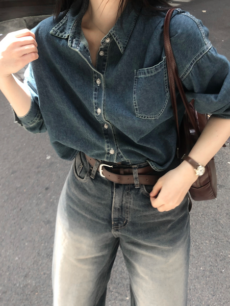 [SLOWAND] Vintage Washed Cropped Denim Shirt