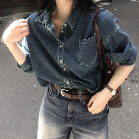 [SLOWAND] Vintage Washed Cropped Denim Shirt