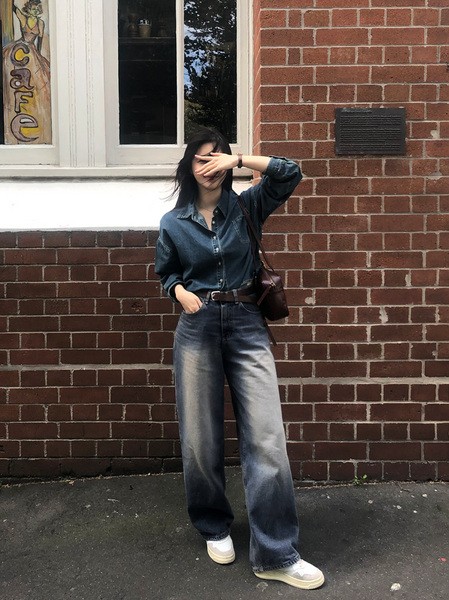 [SLOWAND] Vintage Washed Cropped Denim Shirt