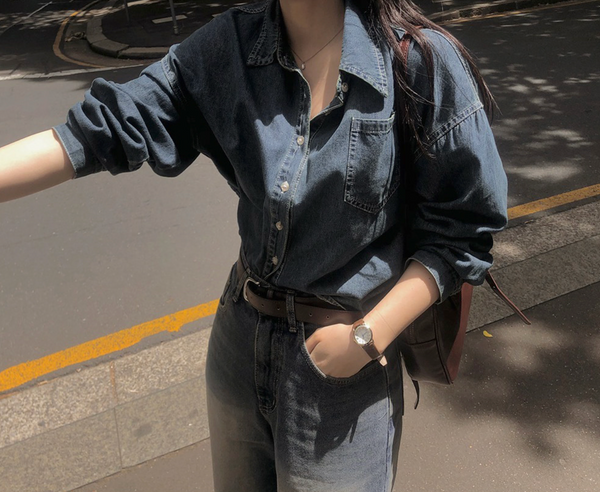 [SLOWAND] Vintage Washed Cropped Denim Shirt