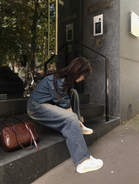 [SLOWAND] Vintage Washed Cropped Denim Shirt