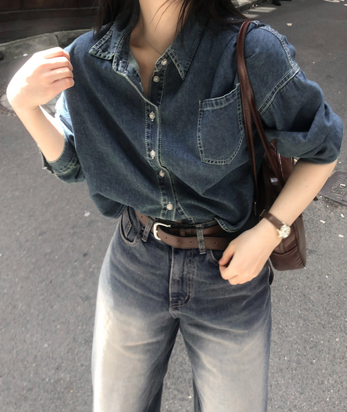 [SLOWAND] Vintage Washed Cropped Denim Shirt