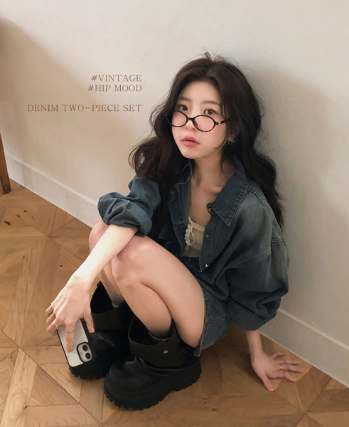 [VINVLE] Washing Denim Long-Sleeved Shirt + Shorts SET