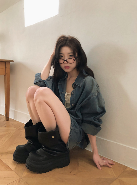 [VINVLE] Washing Denim Long-Sleeved Shirt + Shorts SET