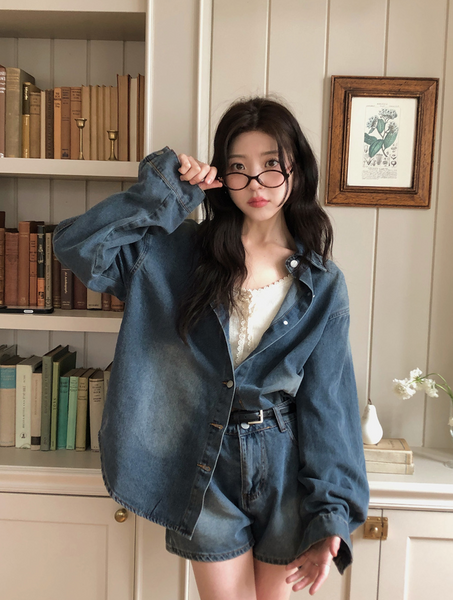 [VINVLE] Washing Denim Long-Sleeved Shirt + Shorts SET